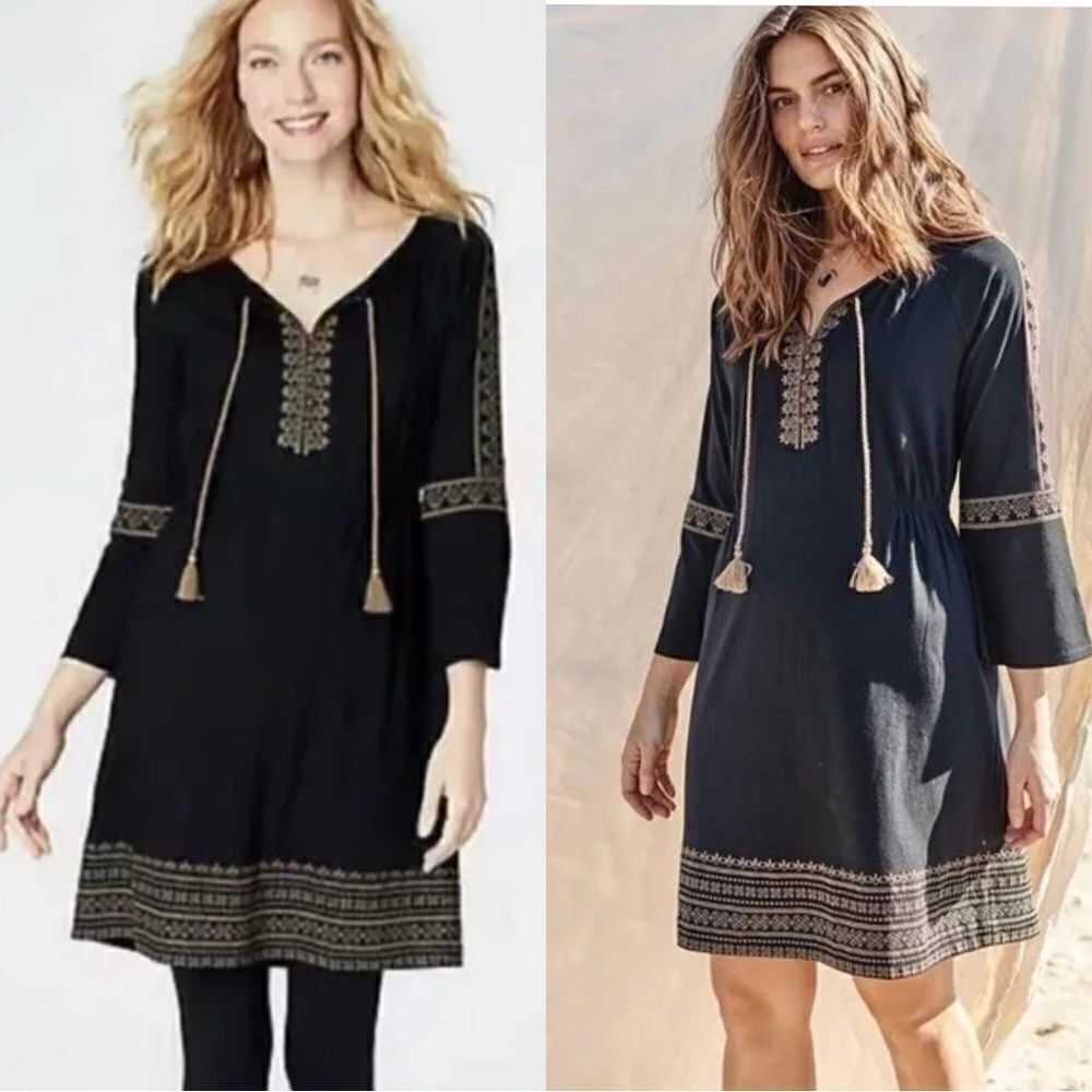 J. Jill Embroidered Peasant Mini Dress in Black and Gold Size Medium